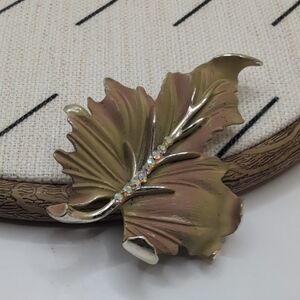 Vintage BSK Enamel Leaf Brooch | Elegant Gold Tone & Rhinestone Accent | Classic